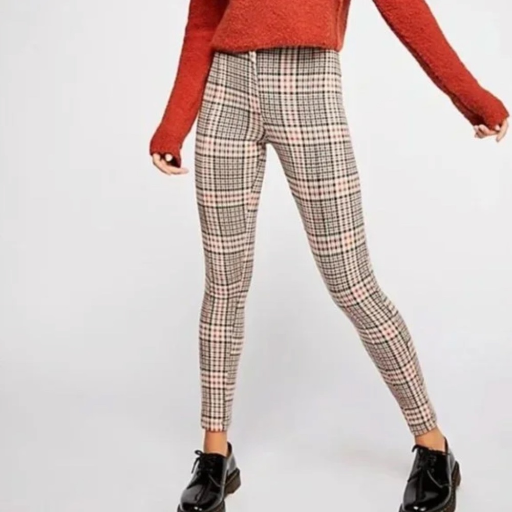 Free People Carnaby Rust Black Plaid Skinny High Rise Knit Pants 10